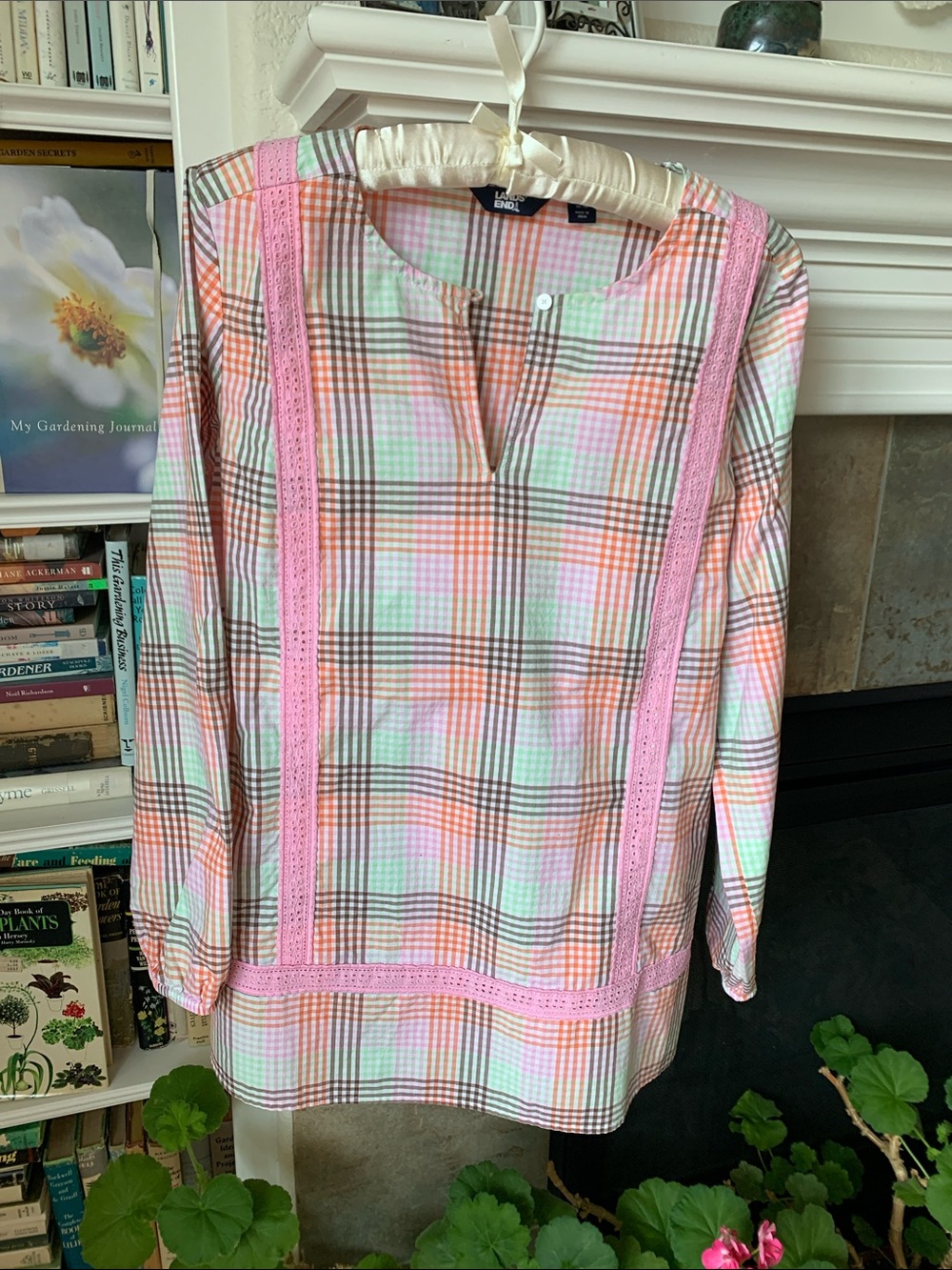 Lands' End Pastel Plaid Pullover Tunic with Pink Lace